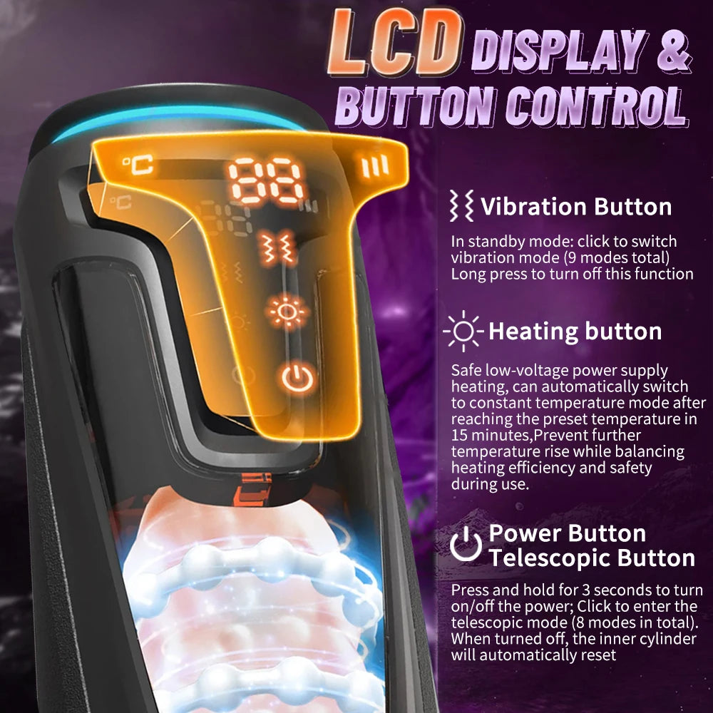 Automatic Male Masturbator 9 Sucking Vibrating Modes Electric Telescopic Motion Intelligent Heating Smart LCD Display Interactive Voice USB Rechargeable