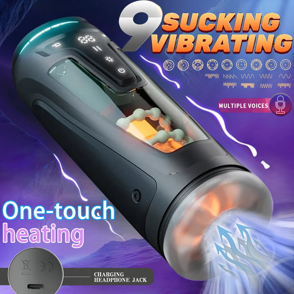 Automatic Male Masturbator 9 Sucking Vibrating Modes Electric Telescopic Motion Intelligent Heating Smart LCD Display Interactive Voice USB Rechargeable