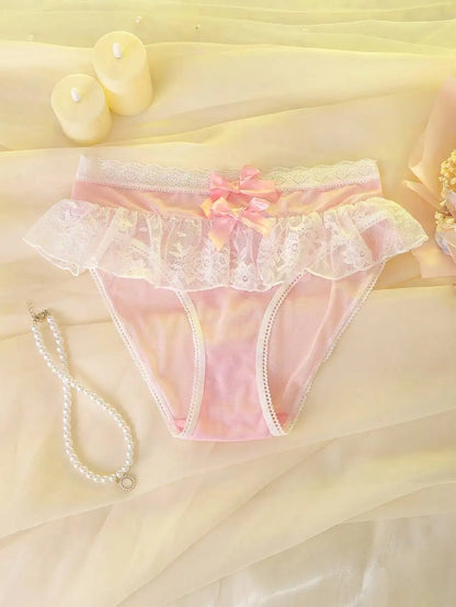 Pink Mesh Lace Ruffle Bow Women's Panties