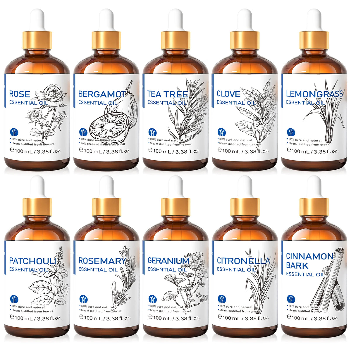 HIQILI 100ml Natural Essential Oil, Geranium/Tea Tree/Rosemary/Rose/Vanilla/Lavender/Peppermint, Used For Humidifiers/Diffusers