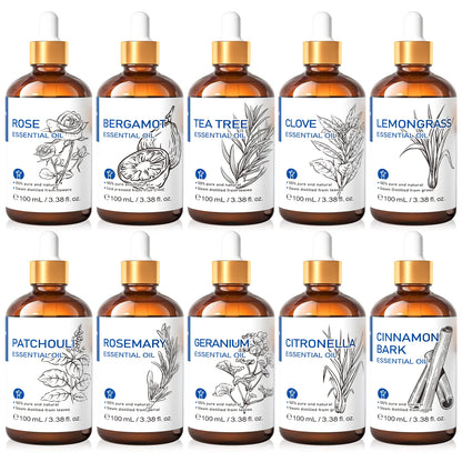 HIQILI 100ml Natural Essential Oil, Geranium/Tea Tree/Rosemary/Rose/Vanilla/Lavender/Peppermint, Used For Humidifiers/Diffusers