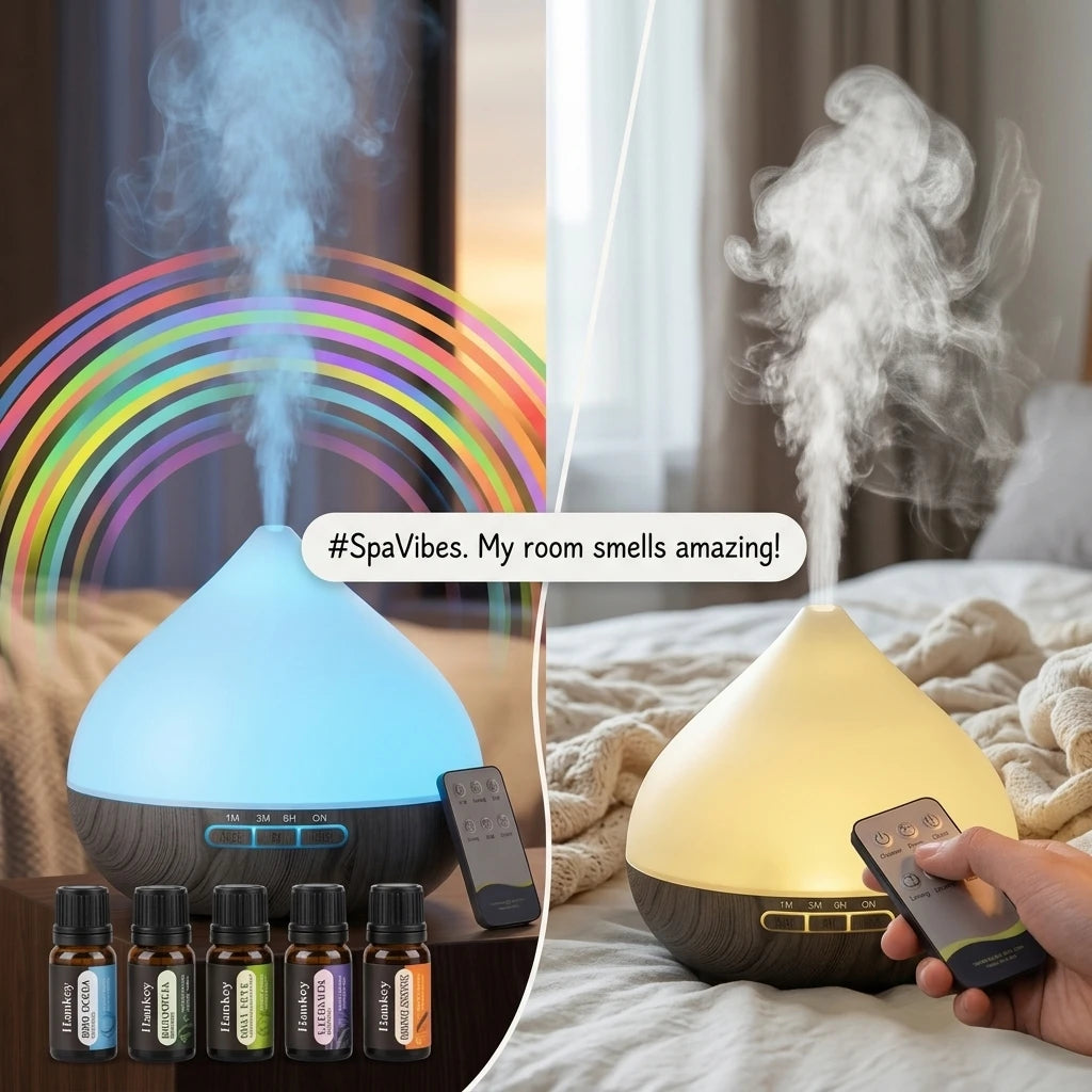 Aromatherapy Humidifier 2-in-1: Ultrasonic Silent Bedroom Atomizer + 7-Color Wood Grain Ambient Light