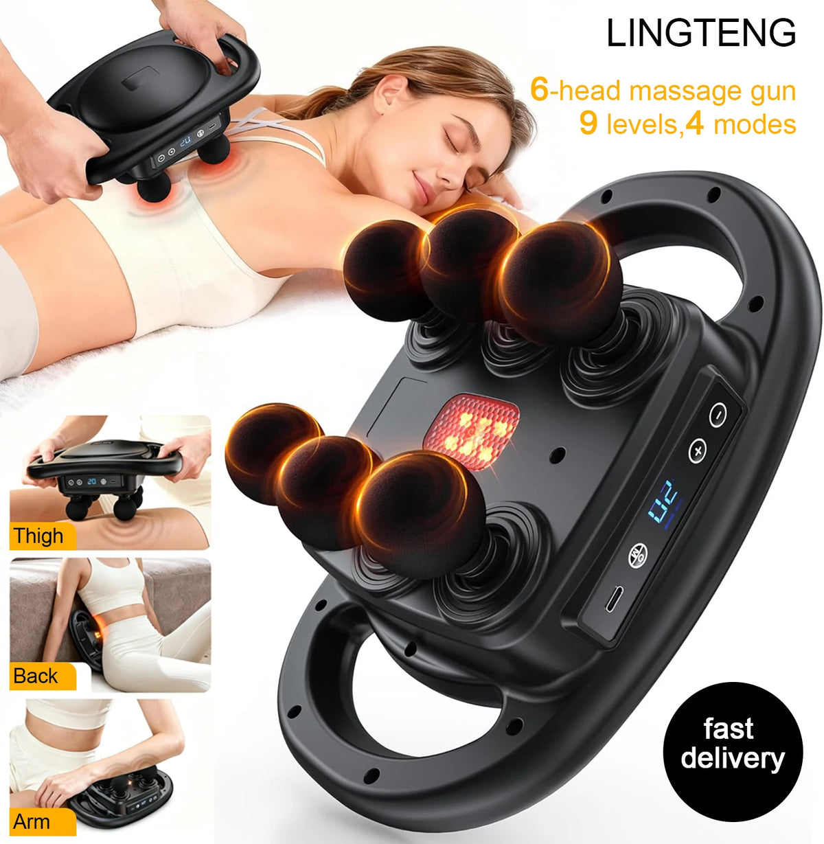 LINGTENG Massage Gun Deep Tissue, 6‑Heads Muscle Massager
