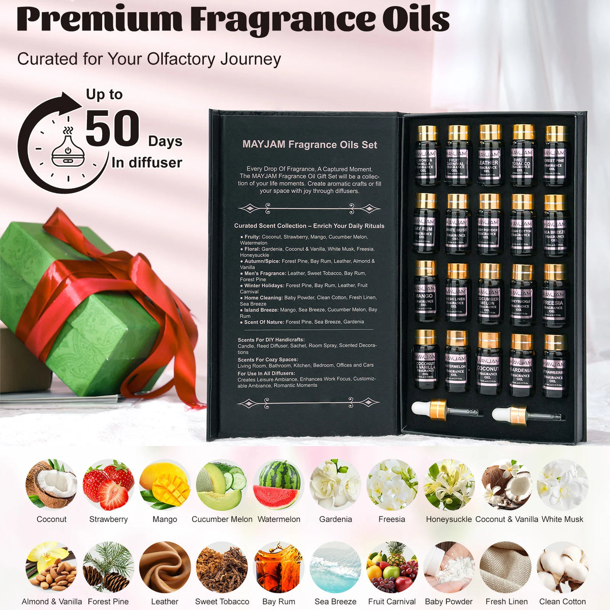 MAYJAM Fragrance Oils Kit 20pcs/set Coconut & Vanilla White Musk Watermelon Strawberry Oil for Humidifier Diffuser Candle Making