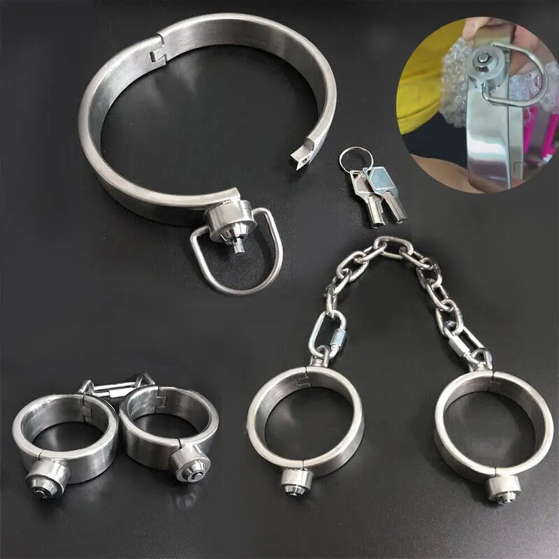 Heavy Stainless Steel Press Lock Wrist Handcuffs Ankle Cuffs Neck Collar