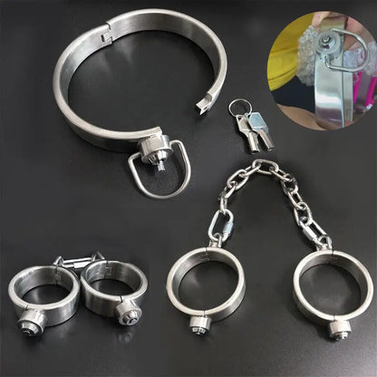 Heavy Stainless Steel Press Lock Wrist Handcuffs Ankle Cuffs Neck Collar