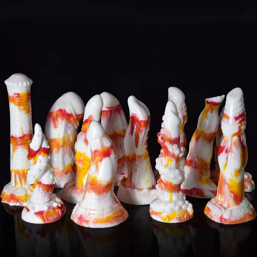 New red yellow white flame dildos silicone anal sex toys colorful animal Dragon penis sucker