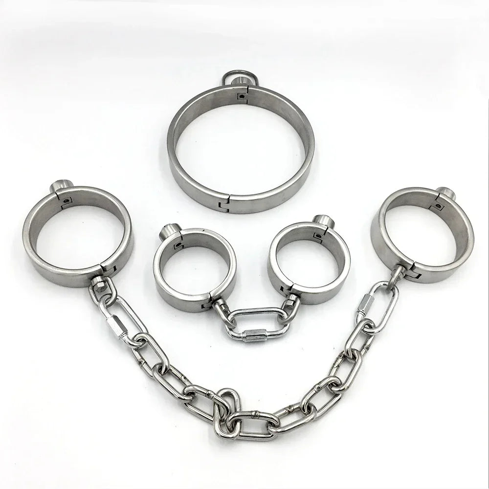 Heavy Stainless Steel Press Lock Wrist Handcuffs Ankle Cuffs Neck Collar