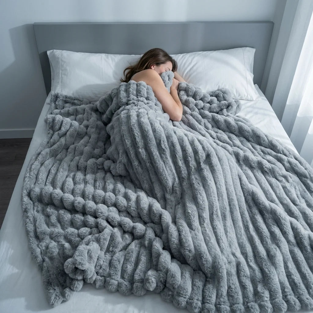 Cozy Striped Velour Blanket – Ultra Soft Warm Ribbed Plush Throw.