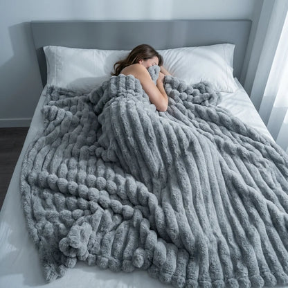 Cozy Striped Velour Blanket – Ultra Soft Warm Ribbed Plush Throw.