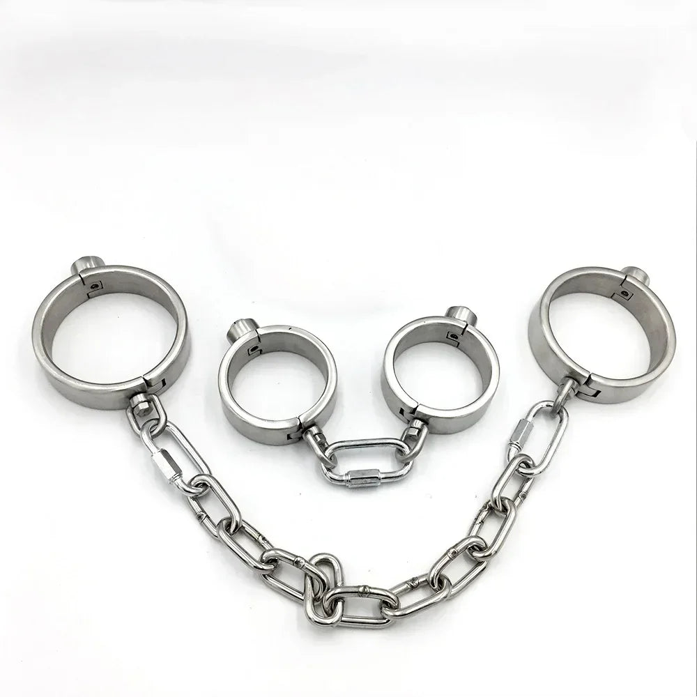 Heavy Stainless Steel Press Lock Wrist Handcuffs Ankle Cuffs Neck Collar