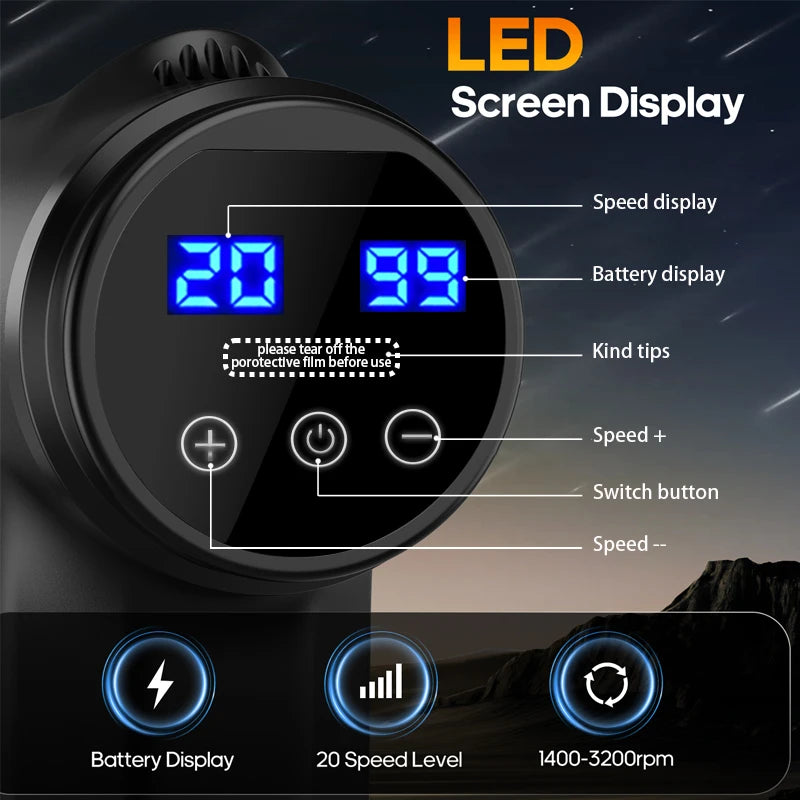 Deep Tissue Massage Gun, Portable Electric Muscle Massager, 20‑Speed Levels, 7 Massage Heads,