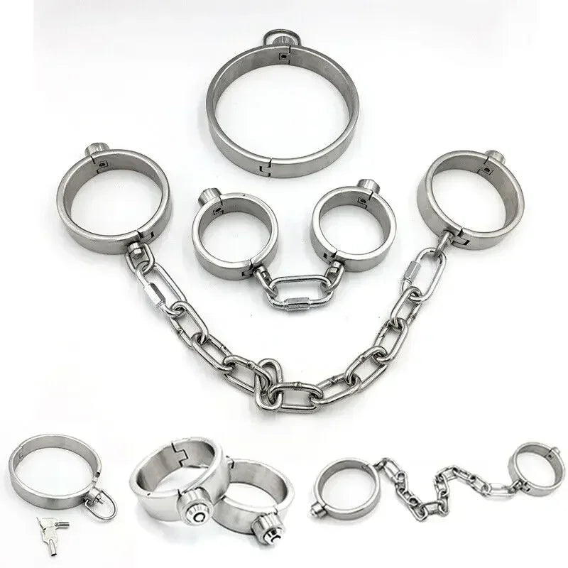 Heavy Stainless Steel Press Lock Wrist Handcuffs Ankle Cuffs Neck Collar