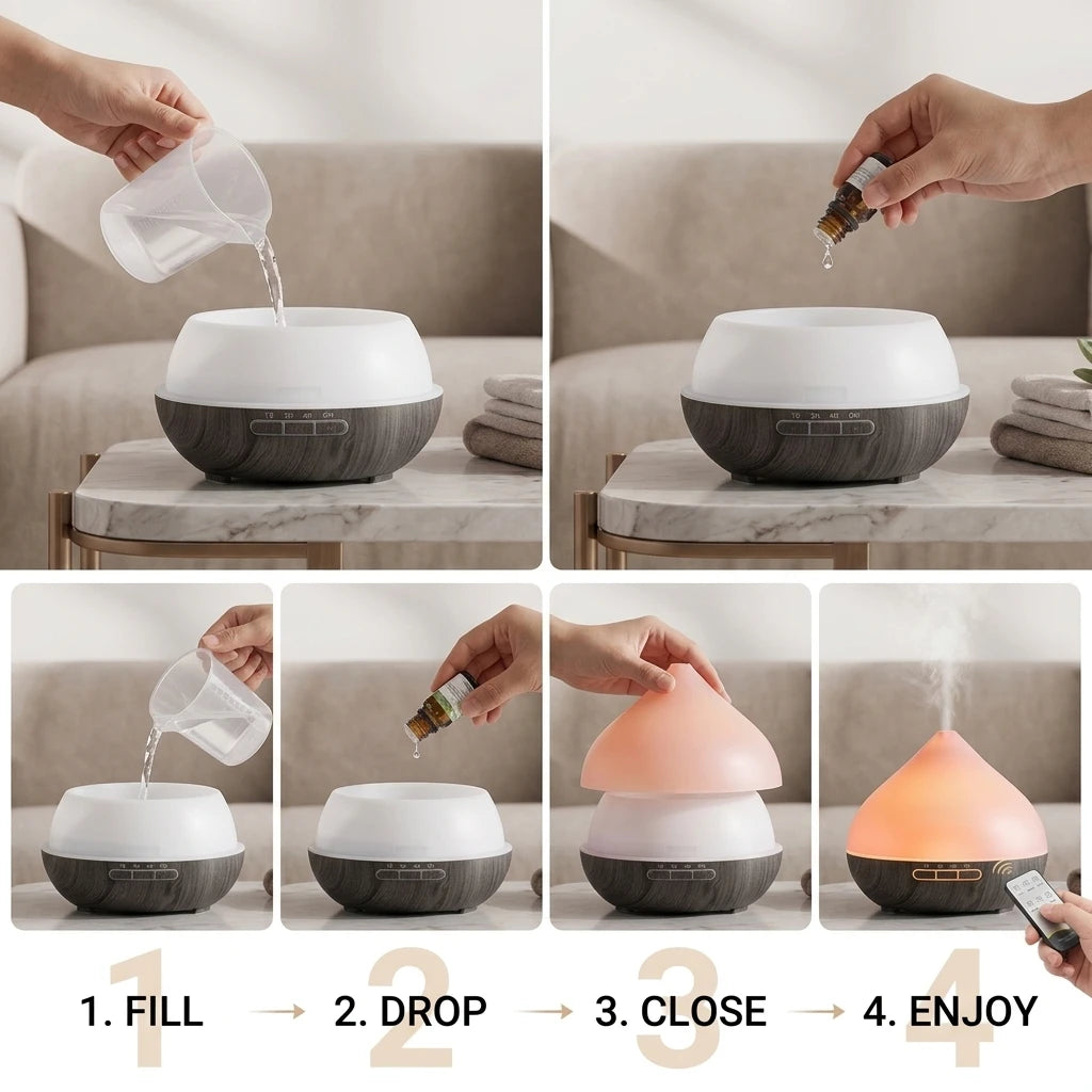 Aromatherapy Humidifier 2-in-1: Ultrasonic Silent Bedroom Atomizer + 7-Color Wood Grain Ambient Light