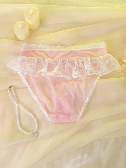 Pink Mesh Lace Ruffle Bow Women's Panties