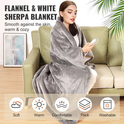 Heated Blanket Electric Throw 4 Sizes Soft Flannel & Sherpa Heating Blanket with 3 Hours Timer Auto-off 5 Heating Level