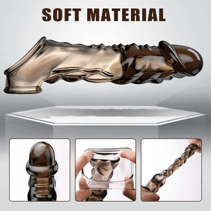 Vibrator Penis Sleeve with Cock Ring - 3.6 inch Reusable Black Clear Penis Extender Male Sex Toy