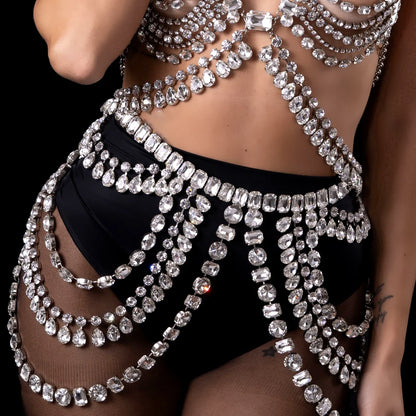 Stonefans Exaggerated Layered Body Chain Set Lingerie Jewelry Bra Top Dress Thong Rave Fashion Chest Chain and Thong Set Bikini