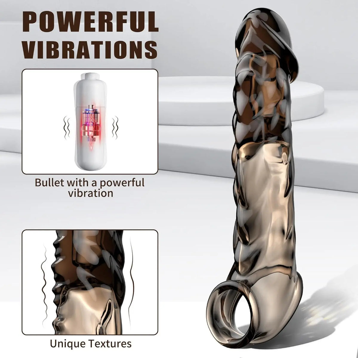 Vibrator Penis Sleeve with Cock Ring - 3.6 inch Reusable Black Clear Penis Extender Male Sex Toy