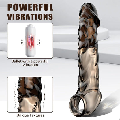 Vibrator Penis Sleeve with Cock Ring - 3.6 inch Reusable Black Clear Penis Extender Male Sex Toy