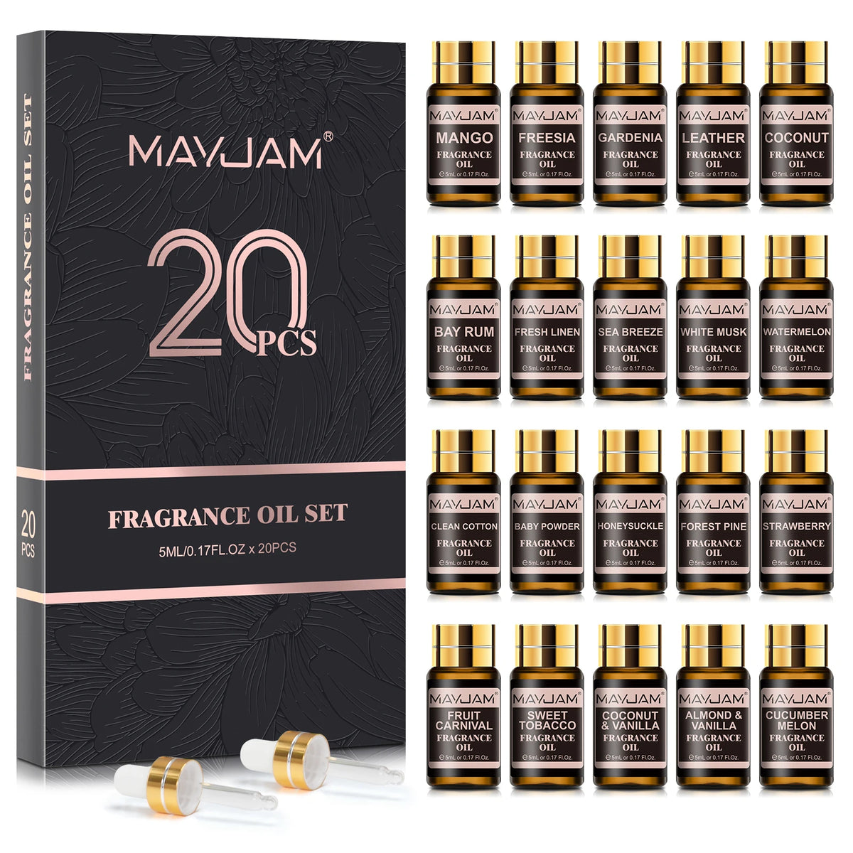 MAYJAM Fragrance Oils Kit 20pcs/set Coconut & Vanilla White Musk Watermelon Strawberry Oil for Humidifier Diffuser Candle Making
